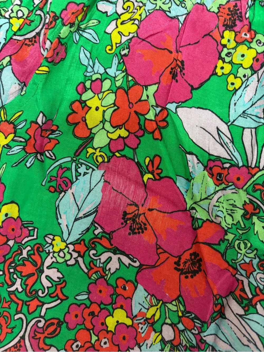 Roller Rabbit Green Floral Wide-Leg Pants with Pink & Red Blooms